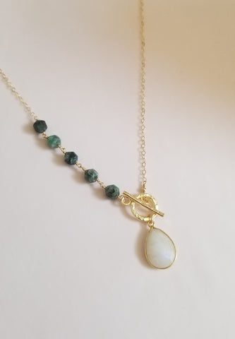 Gold Emerald Necklace, Moonstone Teardrop Necklace, Front Toggle Necklace
