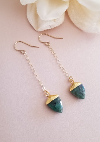 Long Gold Emerald Earrings Handmade in the USA