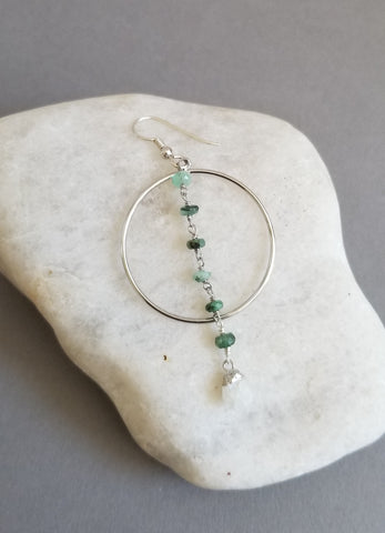 Natural Emerald and Moonstone Earrings, Boho Hoop Earrings