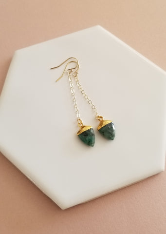 Long Gold Emerald Earrings, Boho Stone Earrings, Gold Filled Earrings Handmade in the USA