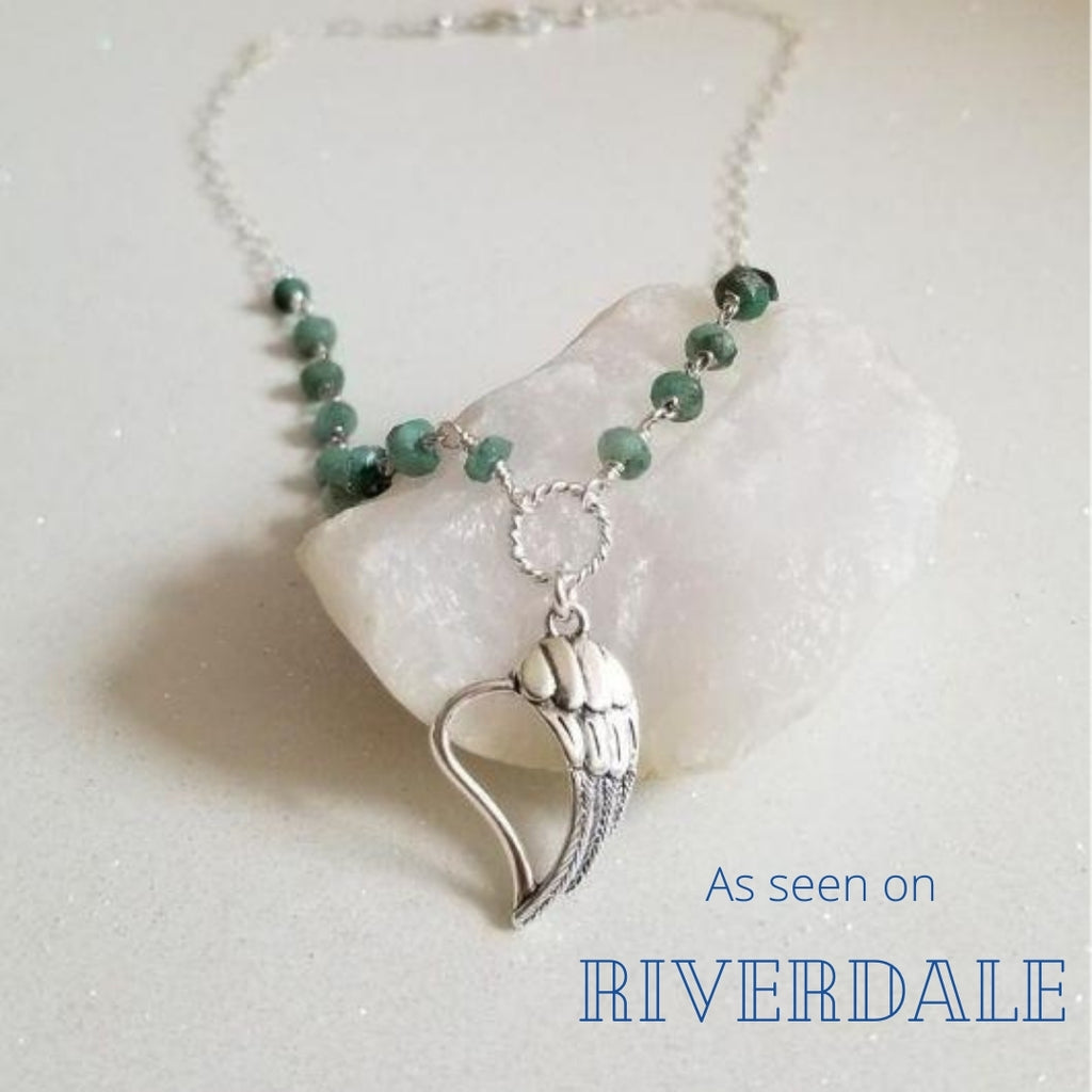 As seen on Riverdale, Raw Emerald Necklace with Angel Wing Heart