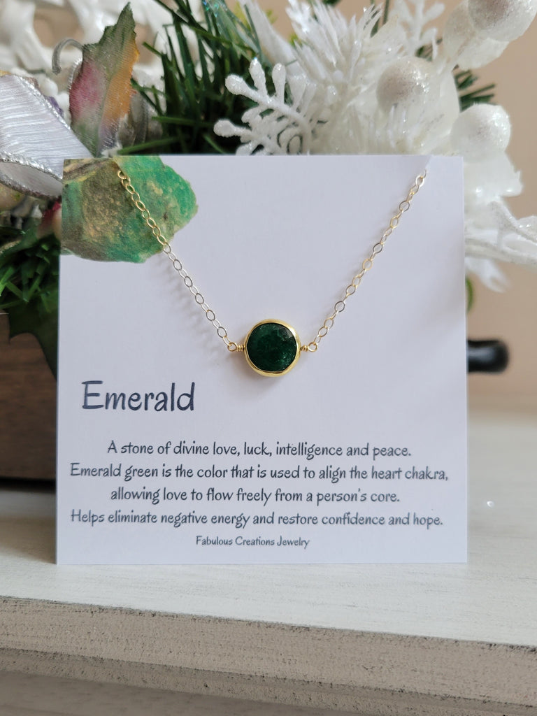 Three Stone Emerald and Aquamarine Necklace in 14K Gold