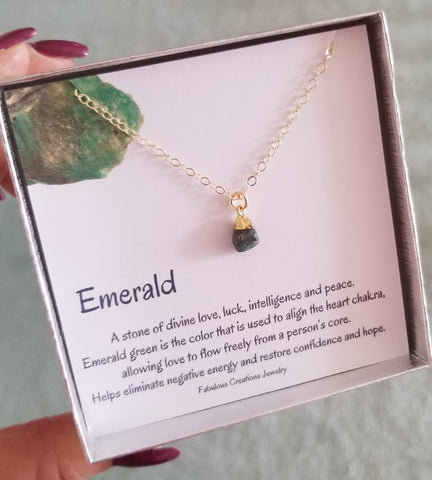 Dainty Raw Emerald Necklace, Gold Filled or Sterling Silver