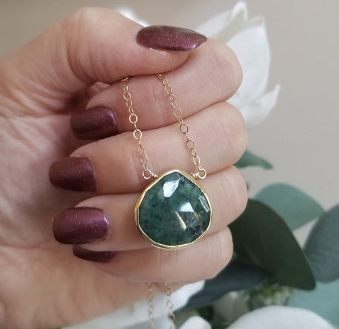 Raw Emerald Necklace, May Birthstone Gift for Women