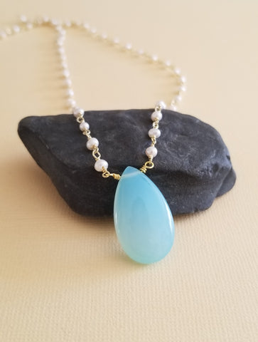 Aqua Chalcedony and Freshwater Pearls Necklace
