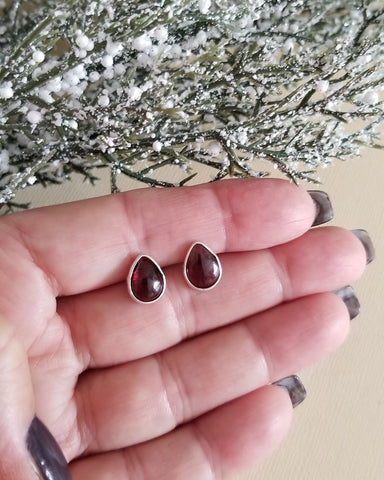 Garnet Teardrop Stud Earrings, Red Stone Earrings, January Birthstone, Gift for Her
