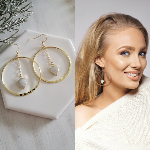 Gold Hoops, Bohemian Style Hoop Earrings, Gemstone Earrings, Moonstone Dangles, Statement Earrings