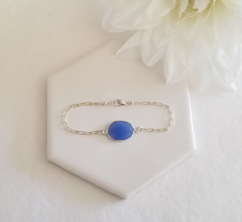 Blue Chalcedony Bracelet, Sterling Silver Paperclip Chain Bracelet with Gemstone, Blue Stone Bracelet, Gift for Her, Intention Bracelet
