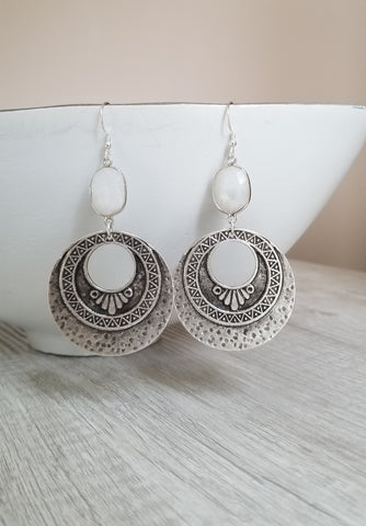 Oxidized Silver Earrings With Moonstone, Silver Moonstone Hoops, Bohemian Statement Earrings, Moonstone Dangle, Pewter Hoop Earrings