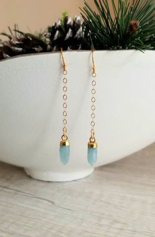 Raw Aquamarine Earrings, Long Gold Filled Chain Earrings