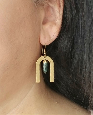 Gold Arch Earrings, Emerald Dangle Earrings