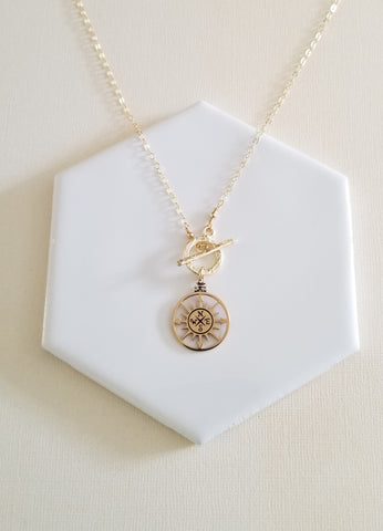 Modern Toggle Clasp Necklace with Gold Compass Pendant, Graduation Gift Idea