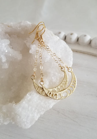 Gold Crescent Moon Earrings, Bohemian Moon Earrings, Brass Moon Phases Dangle Earrings, Moon Jewelry, Gift for Her, Gold Earrings for Women