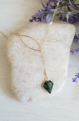 Gold Emerald Lariat for Women, Raw Emerald Necklace