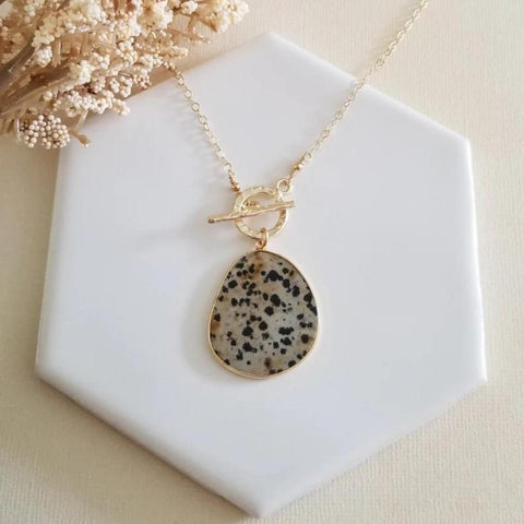 Gold Front Toggle Necklace with Gemstone, Dalmation Jasper Pendant Necklace, Unique Necklace, Gift for Her