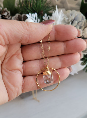 One of a kind Herkimer Diamond Crystal Necklace, Gold Circle Pendant