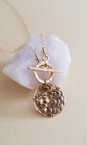Symbolic Lion Medallion Pendant Necklace, Gold Front Toggle Necklace