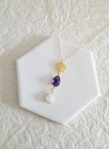 Gold Amethyst and Moonstone Lotus Flower Pendant Necklace