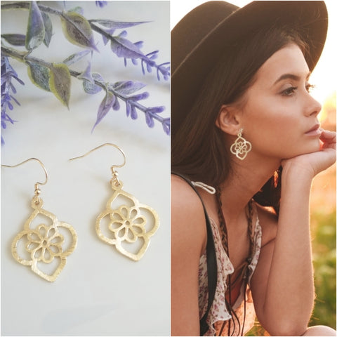 Bohemian Medallion Earrings, Boho Style Earrings, Brushed Gold Flower Earrings