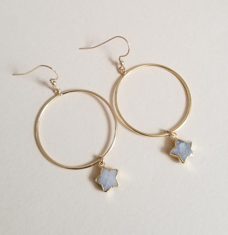 Aquamarine Stars Hoop Earrings, Gift for Her