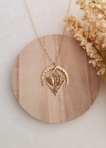 Gold Moth Necklace, Hammered Crescent Moon Pendant, Statement Necklace