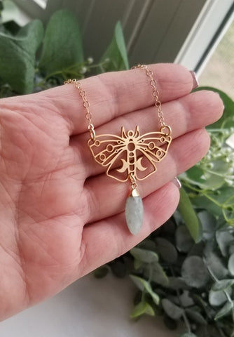 Gold Luna Moth Pendant Necklace with Raw Aquamarine, Transformation Jewelry