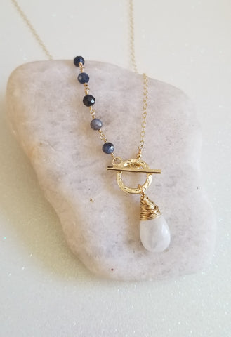 Gold Gemstone Necklace, Sapphire and Moonstone Toggle Necklace