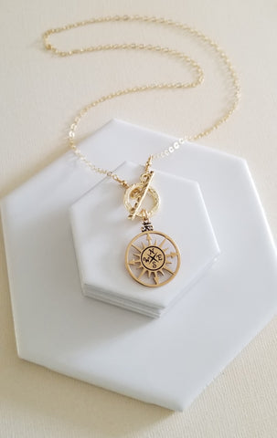 Gold Medallion Compass Necklace, Modern Front Toggle Necklace