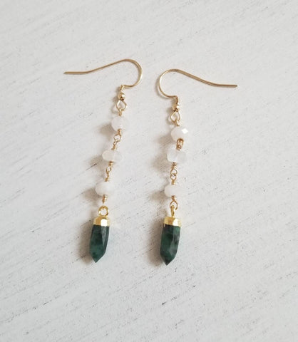 Emerald and Moonstone Earrings, Long Gemstone Earrings, Boho Stone Earrings, Bohemian Bride Earrings, Boho Wedding