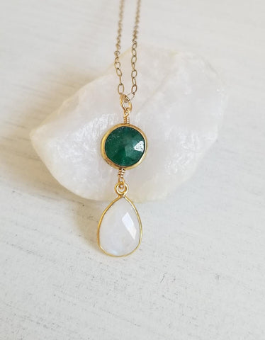 Emerald and Moonstone Pendant Necklace, Dainty Gold Chain Necklace