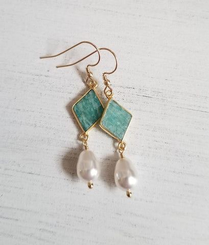 Amazonite and pearl earrings, Mothers Day gift