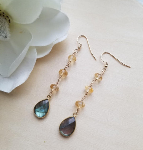 Gold Labradorite and Citrine Earrings
