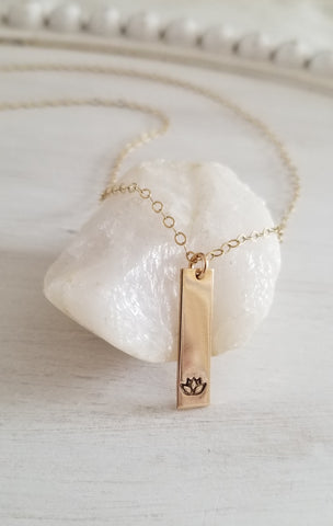 Dainty Gold Necklace, Gold Bar Pendant Necklace, Lotus Flower Jewelry, Gift for Her