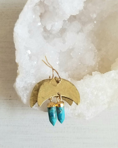 Raw Brass Crescent Moon Earrings with natural Turquoise Spike Stone