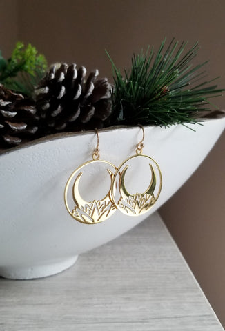 Crescent Moon Dangle Earrings, Lotus Moon Earrings, Boho Moon Earrings