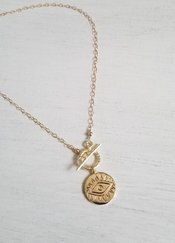 Gold Evil Eye Coin Necklace, Front Toggle Necklace