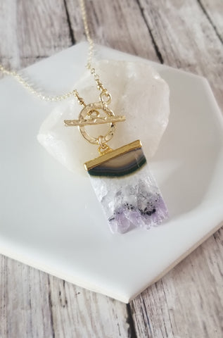 Raw Amethyst Crystal Slice Necklace, Gold Front Toggle Necklace