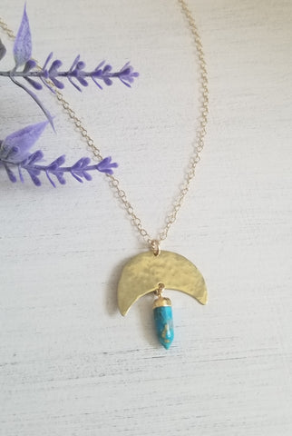 Hammered Moon Necklace, Turquoise Spike Necklace, Handmade in the USA
