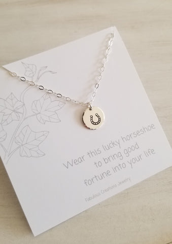 Good Luck Horseshoe Charm Necklace, Dainty Disc Necklace