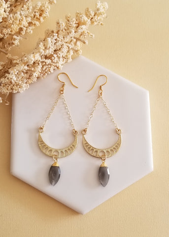 Crescent Moon Earrings with Gemstone, Bohemian Statement Earrings