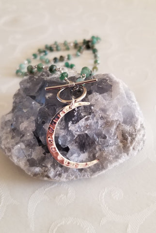 Beaded Emerald Chain Necklace with Crescent Moon Pendant