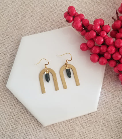 Gold Emerald Earrings, Hammered Arch Earrings, Boho Rainbow Earrings. Handmade Earrings, Christmas Gift  Idea for Women