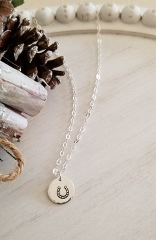 Good Luck Horseshoe Charm Necklace, Dainty Disc Necklace