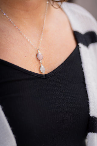 Pink Opal and Rainbow Moonstone Teardrop Pendant Necklace