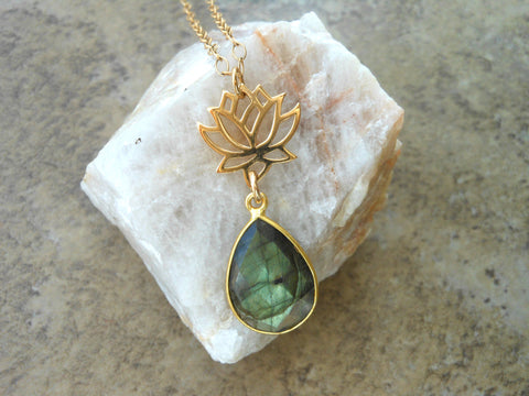 Gold Lotus Flower Necklace with Labradorite Gemstone, Labradorite Pendant Necklace