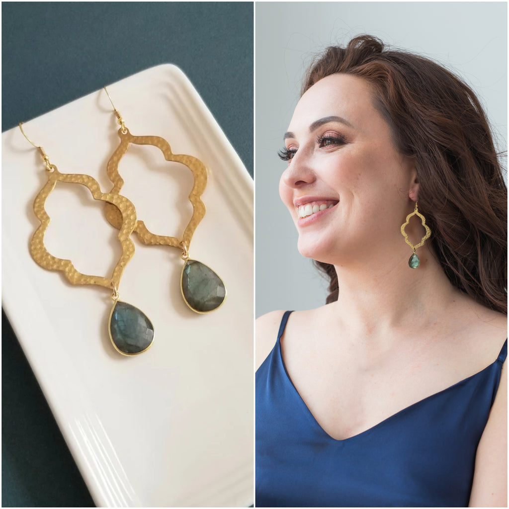 Gold Labradorite Teardrop Earrings, Gemstone Statement Earrings for Women, Handmade in the USA