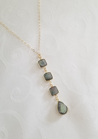 Gold Labradorite Necklace, Long Labradorite Center Drop Pendant Necklace