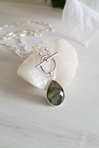 Labradorite Necklace, Sterling Silver Paperclip Chain Necklace