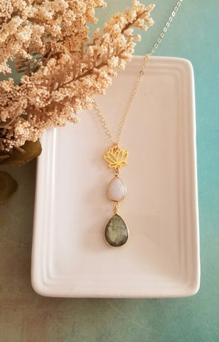 Long Gemstone Pendant, Moonstone and Labradorite Necklace, Lotus Flower Pendant, Statement Necklace