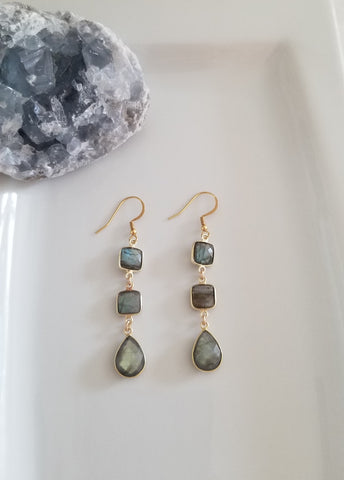 Labradorite Earrings, Blue Flash Labradorite Crystal Earrings in Gold